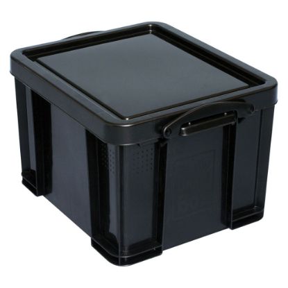 Picture of Really Useful Box Plastic Storage Container With Built-In Handles And Snap Lid, 32 Liters, 95% Recycled, 19in x 14in x 12in, Black