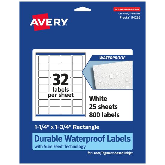 Picture of Avery Waterproof Permanent Labels With Sure Feed, 94226-WMF25, Rectangle, 1-1/4in x 1-3/4in, White, Pack Of 800