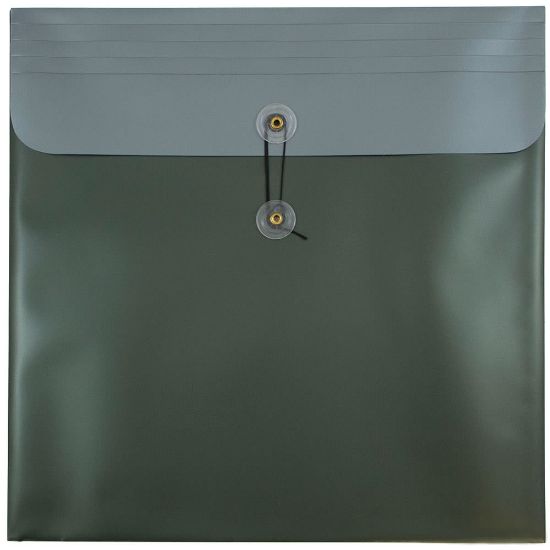 Picture of JAM Paper Plastic 13in x 13in Poly Envelopes, Button And String Closure, 13in x 13in, Metallic Dark Green, Pack Of 12