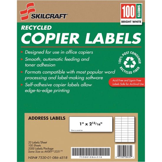 Picture of SKILCRAFT 100% Recycled Copier Address Labels, Rectangle, 1in x 2 13/16in, White, Box Of 100 (AbilityOne 7530-01-086-4518)