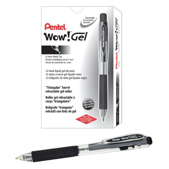 Picture of Pentel Wow! Retractable Gel Roller Pens, Medium Point, 0.7 mm, Clear Barrel, Black Ink, Pack Of 12