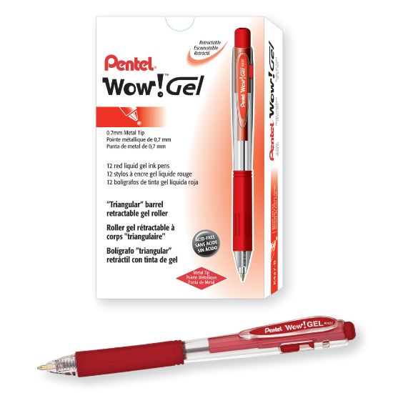 Picture of Pentel Wow! Retractable Gel Roller Pens, Medium Point, 0.7 mm, Clear Barrel, Red Ink, Pack Of 12