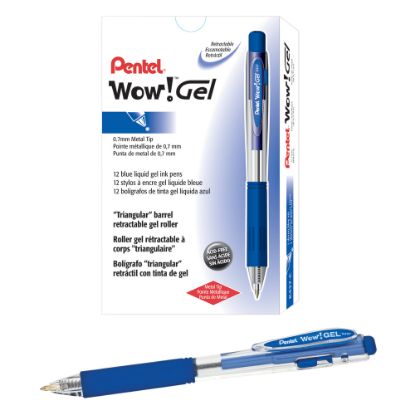 Picture of Pentel Wow! Retractable Gel Roller Pens, Medium Point, 0.7 mm, Clear Barrel, Blue Ink, Pack Of 12