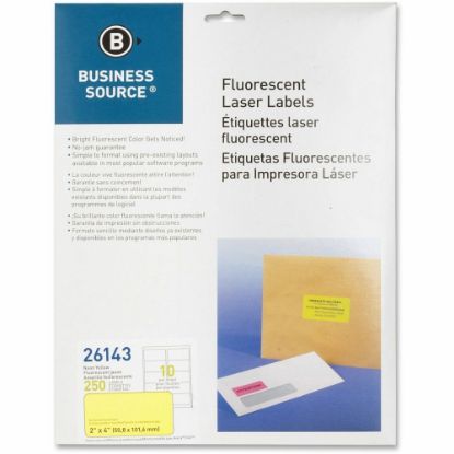 Picture of Business Source Neon Labels - 2in Width x 4in Length - Permanent Adhesive - Rectangle - Laser - Neon Yellow - 10 / Sheet - 250 / Pack - Jam-free, Pressure Sensitive