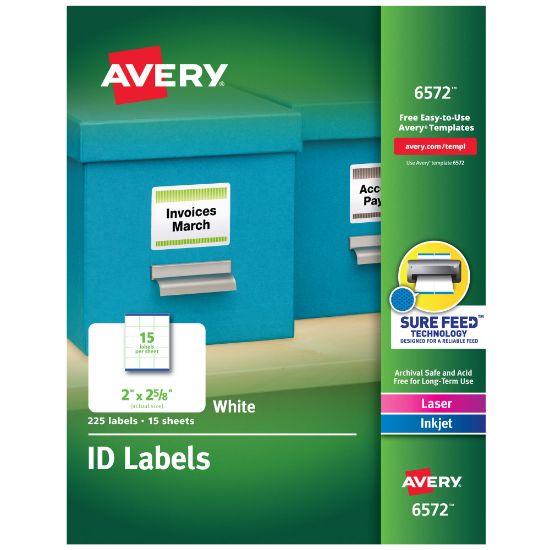 Picture of Avery Permanent ID Labels With Sure Feed Technology, 6572, Rectangle, 2in x 2-5/8in, White, Pack Of 225 Labels