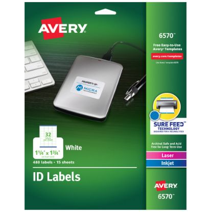 Picture of Avery Permanent ID Labels With Sure Feed Technology, 6570, Rectangle, 1-1/4in x 1-3/4in, White, Pack Of 480 Labels