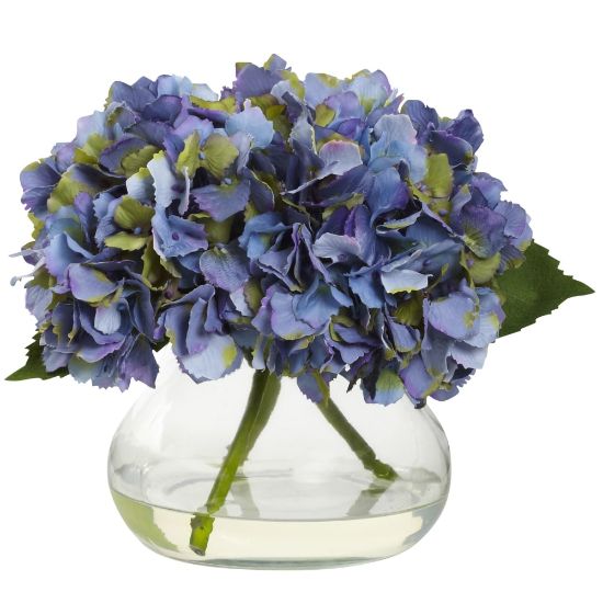 Picture of Nearly Natural Blooming Hydrangea 8-1/2inH Plastic Floral Arrangement With Vase, 8-1/2inH x 10inW x 9inD, Blue