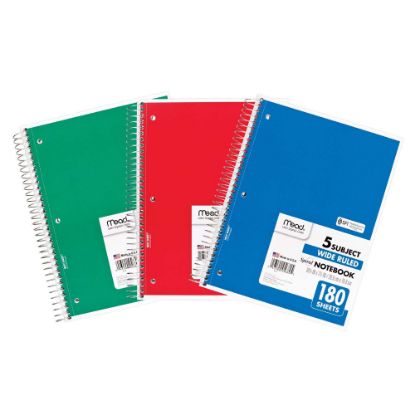 Picture of Mead Spiral Notebooks, 8in x 10-1/2in, 5 Subject, Wide Ruled, 180 Sheets, Assorted Colors, Pack Of 3 Notebooks