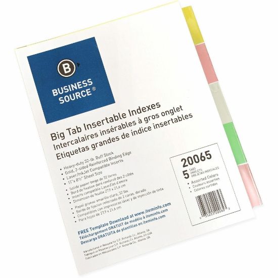 Picture of Business Source Reinforced Insertable Tab Indexes - 5 Tab(s)2in Tab Width - 8.5in Divider Width x 11in Divider Length - Letter - 3 Hole Punched - Buff Divider - Manila Tab(s) - Mylar Reinforcement, Insertable, Reinforced Edges, Punched, Tear Resistant