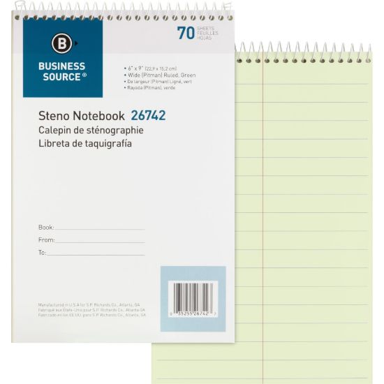 Picture of Business Source Steno Notebook - 70 Sheets - Wire Bound - Pitman Ruled Margin - 6in x 9in - Green Paper - Stiff-back - 1 Each