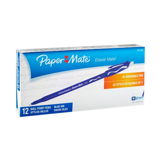 Picture of Paper Mate Erasermate Ballpoint Pens - Medium Pen Point Type - Blue - Blue Barrel - 1 Dozen