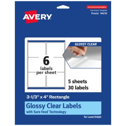 Picture of Avery Glossy Permanent Labels With Sure Feed, 94215-CGF5, Rectangle, 3-1/3in x 4in, Clear, Pack Of 30