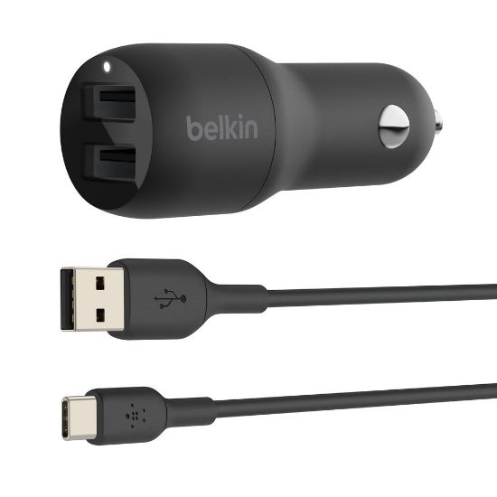 Picture of Belkin 24-Watt, Dual USB Car Charger With USB-A To USB-C Cable, Black