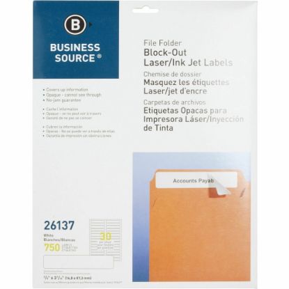 Picture of Business Source Block-out File Folder Labels - 3 7/16in Length - Permanent Adhesive - Laser, Inkjet - White - 30 / Sheet - 750 / Pack - Lignin-free