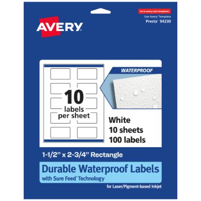 Picture of Avery Waterproof Permanent Labels With Sure Feed, 94230-WMF10, Rectangle, 1-1/2in x 2-3/4in, White, Pack Of 100