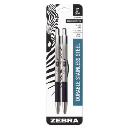 Picture of Zebra Pen BCA F-301 Ballpoint Pens, Pack Of 2, Fine Point, 0.7 mm, Silver Barrel, Black Ink