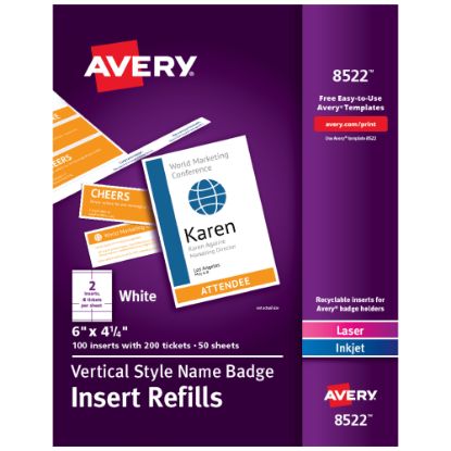 Picture of Avery Vertical Name Badge Inserts, 6in x 4 1/4in, White, Box Of 100 Inserts