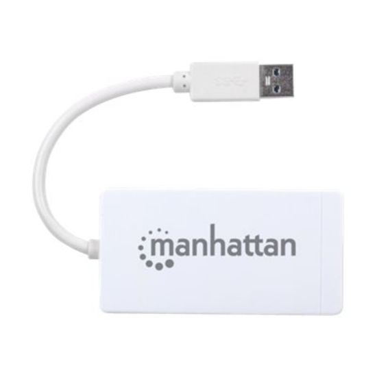 Picture of Manhattan USB-A 3-Port Hub with Gigabit Ethernet Adapter, 3x USB-A Ports, 5 Gbps (USB 3.2 Gen1 aka USB 3.0), 1x Ethernet 10/100/1000Mbps network, RJ45, SuperSpeed USB, White, Three Year Warranty, Blister - Hub