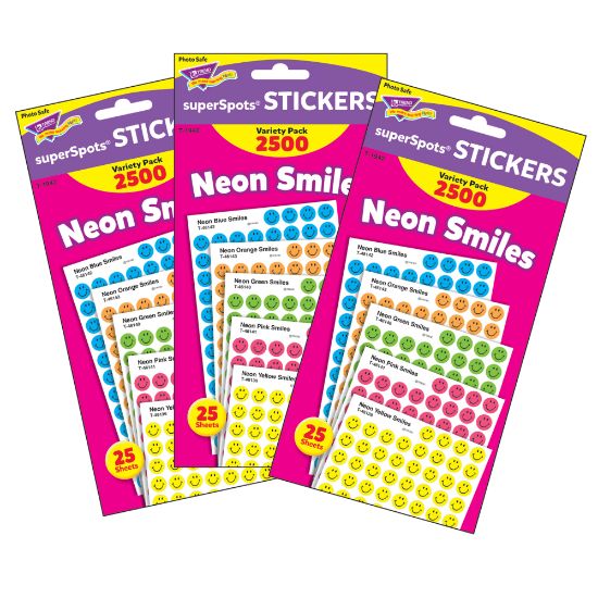 Picture of Trend SuperSpots Stickers, Neon Smiles, 2,500 Stickers Per Pack, Set Of 3 Packs