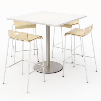 Picture of KFI Studios Square Bistro Pedestal Table With 4 Stacking Bar Stools, Designer White/Natural