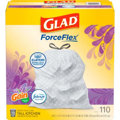 Picture of Glad ForceFlex Tall Kitchen Drawstring Trash Bags 13 Gallon White Trash Bag, Mediterranean Lavender scent with Febreze Freshness 110 Count