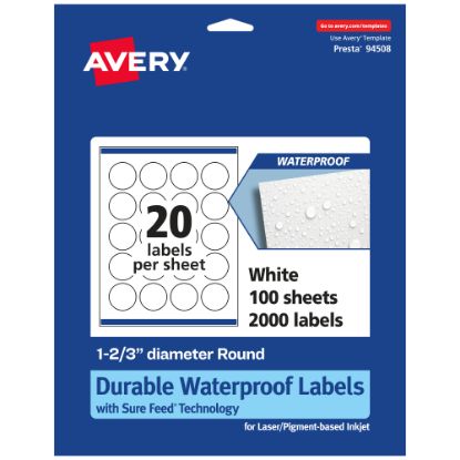 Picture of Avery Waterproof Permanent Labels With Sure Feed, 94508-WMF100, Round, 1-2/3in Diameter, White, Pack Of 2,000