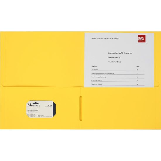 Picture of Business Source 8-1/2x11 Double Pocket Portfolio - Letter - 8 1/2in x 11in Sheet Size - 125 Sheet Capacity - Inside Front & Back Pocket(s) - Paper Stock - Yellow - 25 / Box