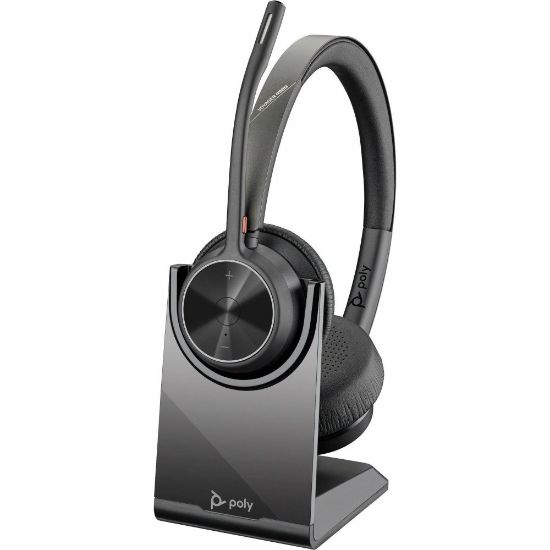 Picture of Poly Voyager 4320 UC Stereo USB-A Headset + BT700 USB-A Adapter + Charging Stand - Siri, Google Assistant - Stereo - USB Type A - Wired/Wireless - Bluetooth - 298.6 ft - 20 Hz - 20 kHz - Over-the-head, On-ear - Binaural - Supra-aural