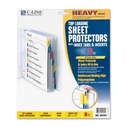 Picture of C-Line Top-Loading Sheet Protectors With Tab Inserts, 8 1/2in x 11in, 8-Tab, Assorted Colors