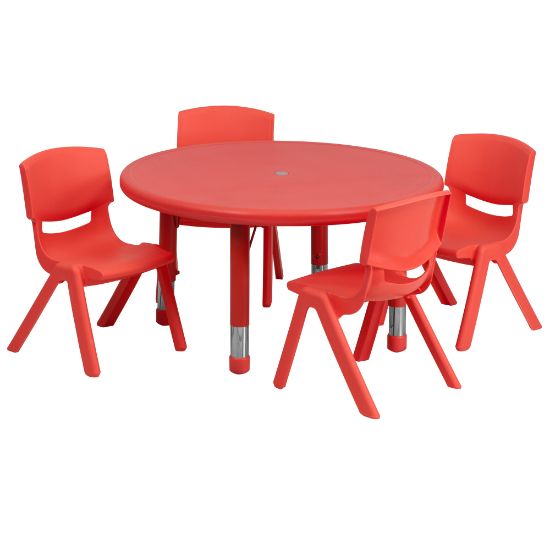 Picture of Flash Furniture Round Plastic Height-Adjustable Activity Table Set With 4 Chairs, 23-3/4in x 33in, Red