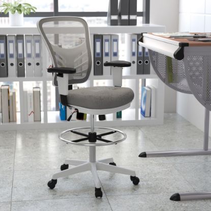 Picture of Flash Furniture Mid-Back Mesh Ergonomic Drafting Chair with Adjustable Chrome Foot Ring, Adjustable Arms, Light Gray/White