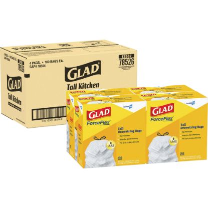 Picture of Glad CloroxPro ForceFlex Plastic Tall Kitchen Drawstring Trash Bags, 13 Gallons, 11-15/32in x 25-3/8in, White, 100 Bags Per Box, Carton Of 4 Boxes