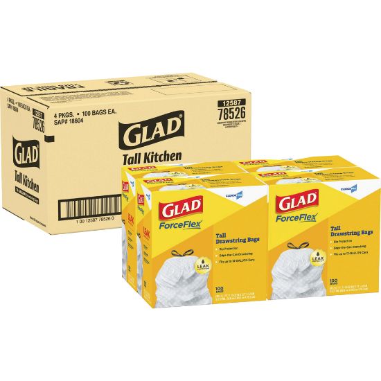 Picture of Glad CloroxPro ForceFlex Plastic Tall Kitchen Drawstring Trash Bags, 13 Gallons, 11-15/32in x 25-3/8in, White, 100 Bags Per Box, Carton Of 4 Boxes