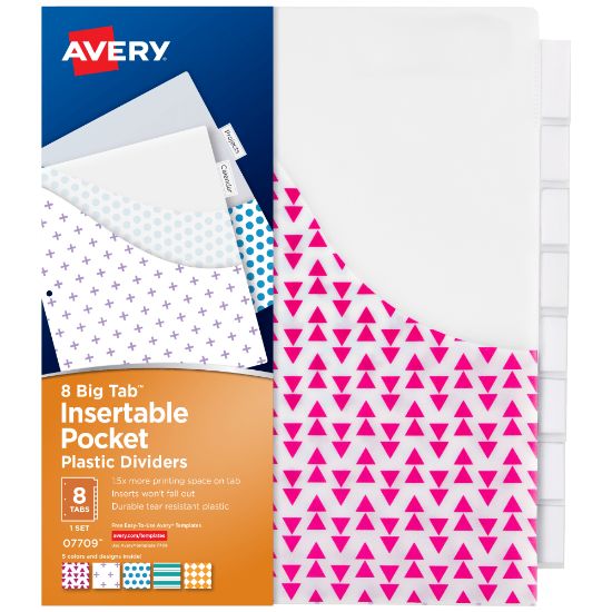 Picture of Avery Dividers for 3 Ring Binders, 8-Tab Binder Dividers, Plastic Binder Dividers with Pockets, Insertable Big Tab, Vibrant Geometric Patterns, 1 Set (07709)