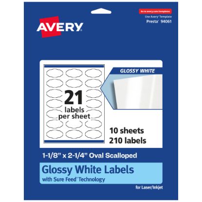 Picture of Avery Glossy Permanent Labels With Sure Feed, 94061-WGP10, Oval Scalloped, 1-1/8in x 2-1/4in, White, Pack Of 210