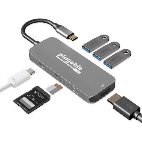 Picture of Plugable USB C Hub Multiport Adapter, 7-in-1 Hub Compatible with MacBook Pro, Windows, Chromebook, Dell XPS, Thunderbolt 3 and More - (4K HDMI, 3 USB 3.0, SD & microSD Card Reader, 100W Charging)