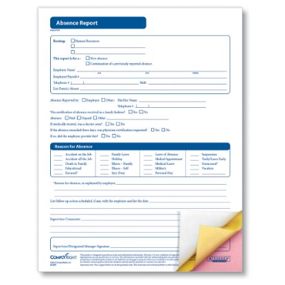 Picture of ComplyRight Absence Reports, 3-Part, 8 1/2in x 11in, Pack Of 50