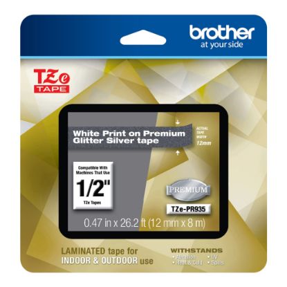 Picture of Brother TZe Premium Glitter Laminated Tape, 1/2in x 26-3/16ft, White Ink/Silver Tape