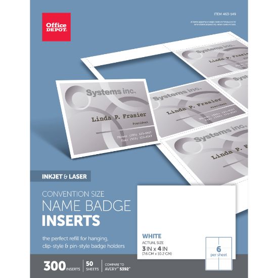 Picture of Office Depot Brand Badge Inserts, Convention Size, 3in x 4in, White, Pack Of 300