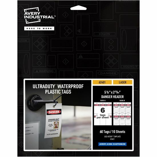 Picture of Avery UltraDuty Plastic Tags, 5.5in x 2.83in , Danger Header (62401) - 2.92in Length x 5.50in Width - 60 - Plastic, Polyester - Matte White