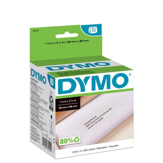 Picture of DYMO LW Address Label Rolls, 30252, Rectangular, 1 1/8in x 3 1/2in, White, 350 Labels Per Roll, Box Of 2 Rolls