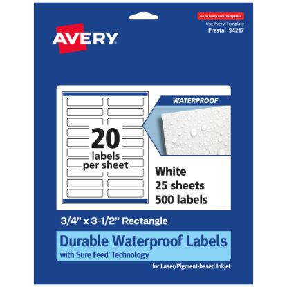 Picture of Avery Waterproof Permanent Labels With Sure Feed, 94217-WMF25, Rectangle, 3/4in x 3-1/2in, White, Pack Of 500