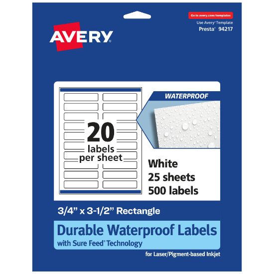 Picture of Avery Waterproof Permanent Labels With Sure Feed, 94217-WMF25, Rectangle, 3/4in x 3-1/2in, White, Pack Of 500