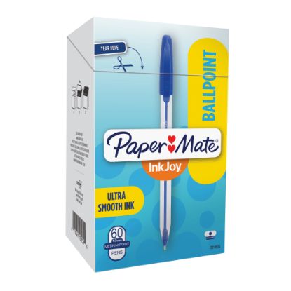 Picture of Paper Mate InkJoy 50ST Stick Ballpoint Pens, Medium Point, 1.0 mm, Clear Barrels, Blue Ink, Box of 60