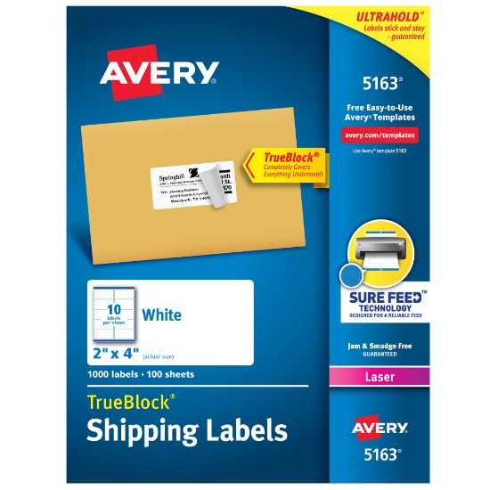 Picture of Avery TrueBlock Shipping Labels With Sure Feed Technology, 5163, Rectangle, 2in x 4in, White, Pack Of 1,000