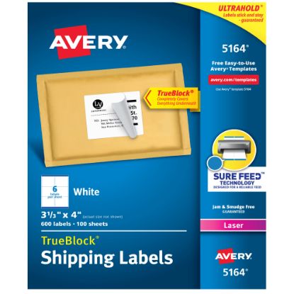 Picture of Avery TrueBlock Shipping Labels With Sure Feed Technology, 5164, Rectangle, 3 1/3in x 4in, White, Pack Of 600