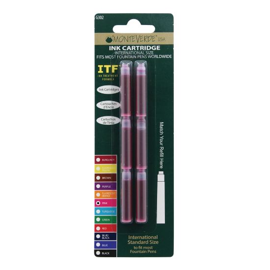 Picture of Monteverde Standard-Size Fountain Pen Ink Cartridge Refills, Pink, Pack Of 6 Refills