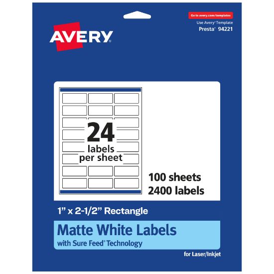 Picture of Avery Permanent Labels With Sure Feed, 94221-WMP100, Rectangle, 1in x 2-1/2in, White, Pack Of 2,400