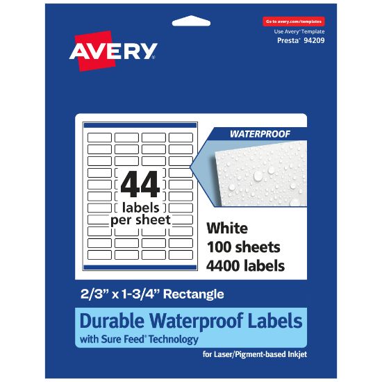 Picture of Avery Waterproof Permanent Labels With Sure Feed, 94209-WMF100, Rectangle, 2/3in x 1-3/4in, White, Pack Of 4,400