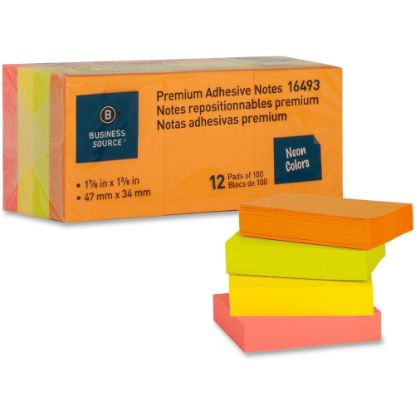 Picture of Business Source Premium Repostionable Adhesive Notes - 1 1/2in x 2in - Rectangle - Unruled - Neon - Self-adhesive, Repositionable, Solvent-free Adhesive - 12 / Pack